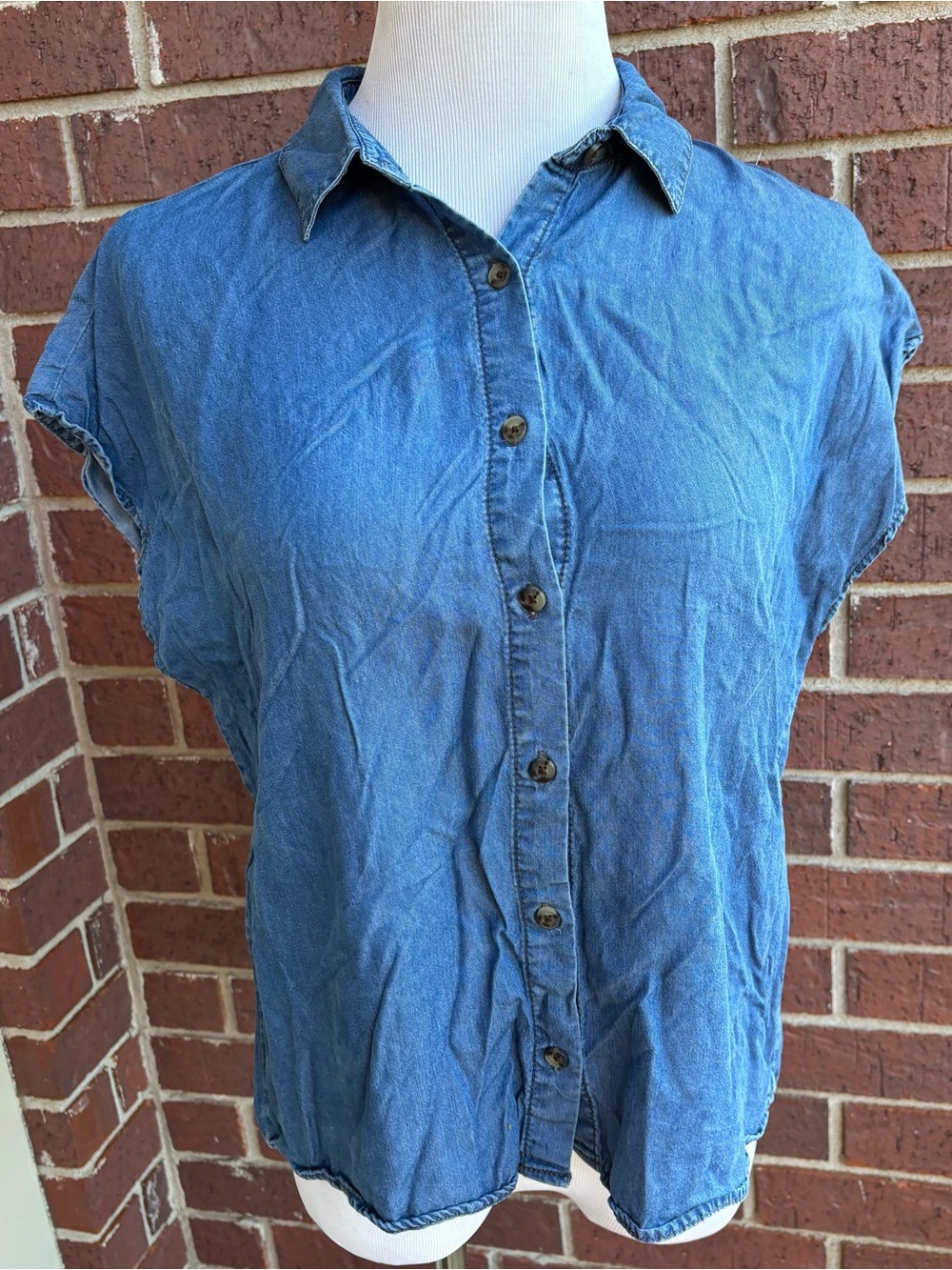 Forever 21 Washed Blue Denim Button-Down Cap Sleeve Shirt